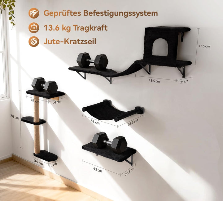 Kletterwand Katzen Set, 4-in-1 Katzen Kletterwand Set, Stabiler Katzenmöbel mit Hängematte, Katzenha