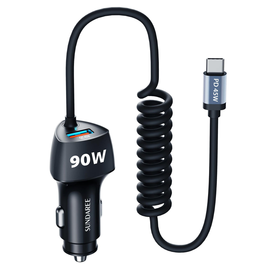 SUNDAREE Auto Ladegerät USB C Kabel,90W 12V 24V Kfz Handyladegeräte PD Typ C Schnellladen 1.8M Spira
