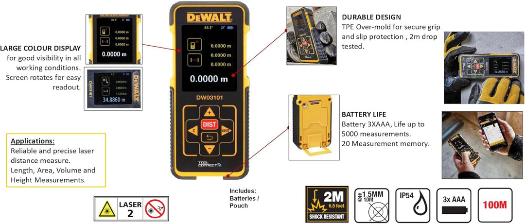 DeWalt Laser-Distanzmesser (635 nm, Laserklasse 2, für Längen-, Flächen- und Volumenmessung, in Mete