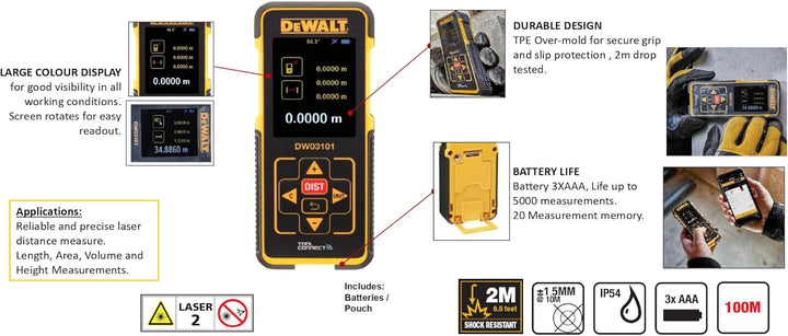 DeWalt Laser-Distanzmesser (635 nm, Laserklasse 2, für Längen-, Flächen- und Volumenmessung, in Mete