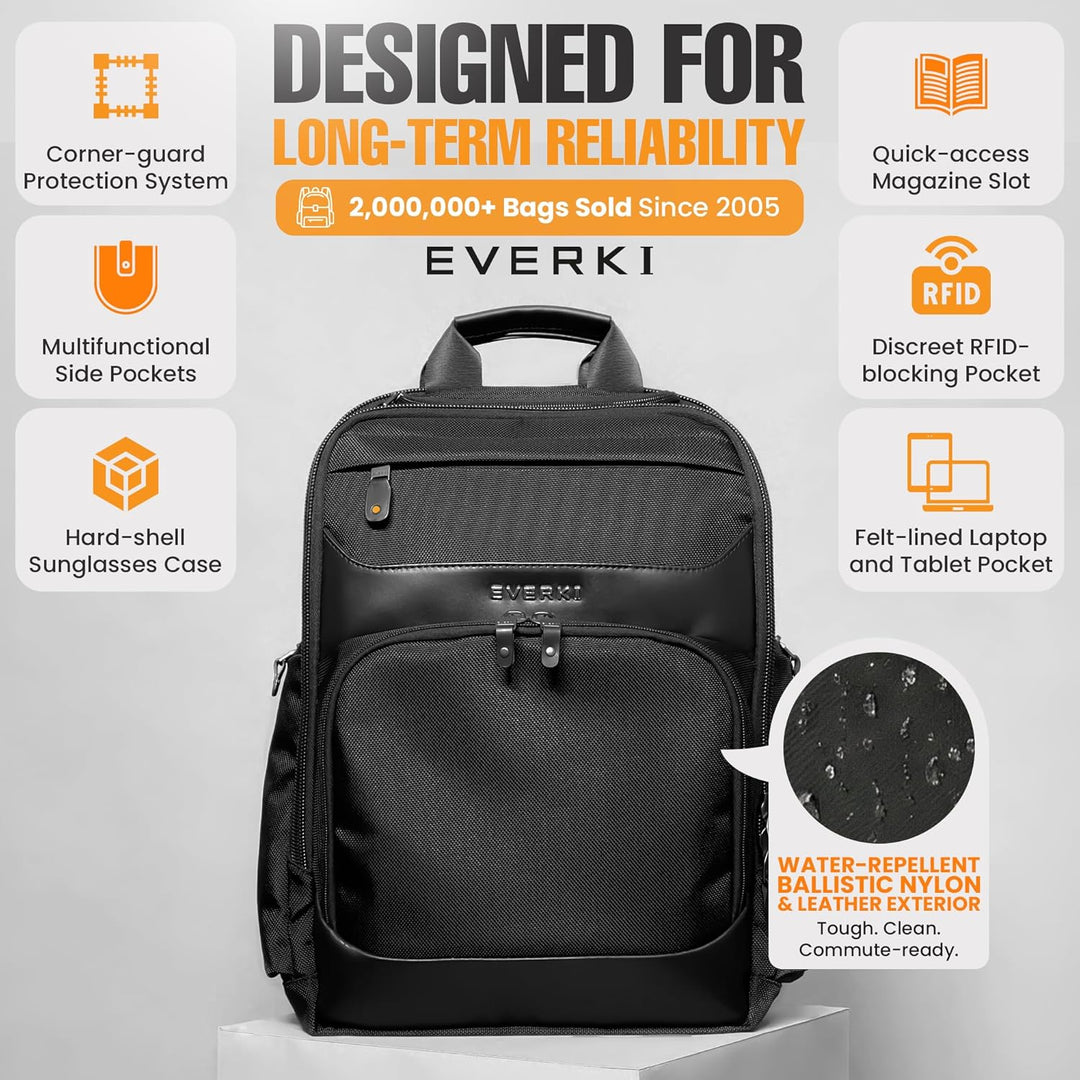 Everki Onyx Business Laptop‑Rucksack | 15,6″ Laptopfach, 25L, ideal für Arbeit & Reise – Schwarz 15.