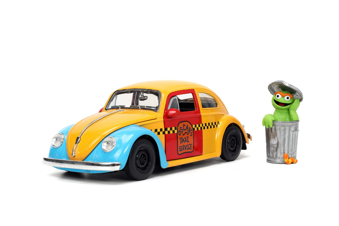 Jada Toys VW Käfer 1959 mit Figur Oscar aus der Sesamstrasse - bunter Volkswagen Beetle (16,5 cm) au
