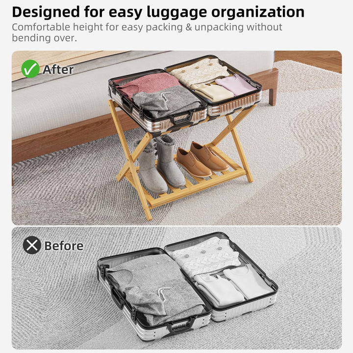Bambus-Gepäckablage für Gästezimmer, Breiter Kofferständer mit Ablage, Klappbarer Gepäckhalter für S
