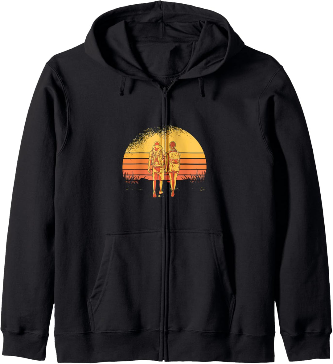 Wandern Design mit retro Sonne und Wanderer Kapuzenjacke