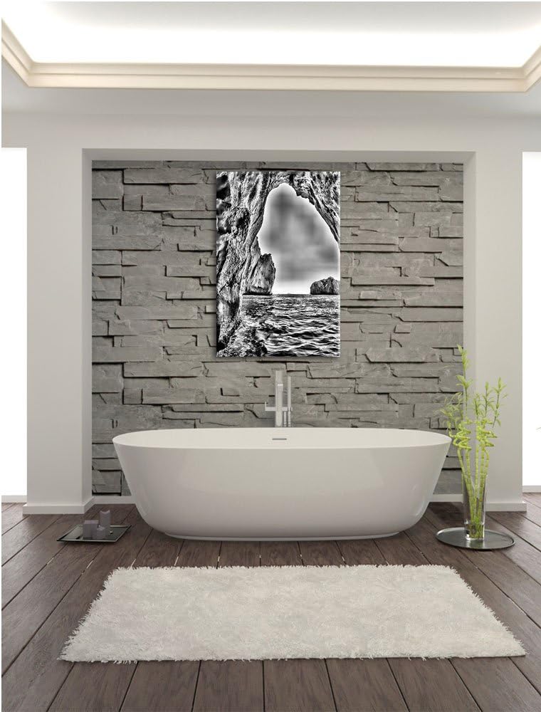 Pixxprint Monocrome, Felstor im Meer, Format: 100x70 auf Leinwand, riesige Bilder fertig gerahmt mit