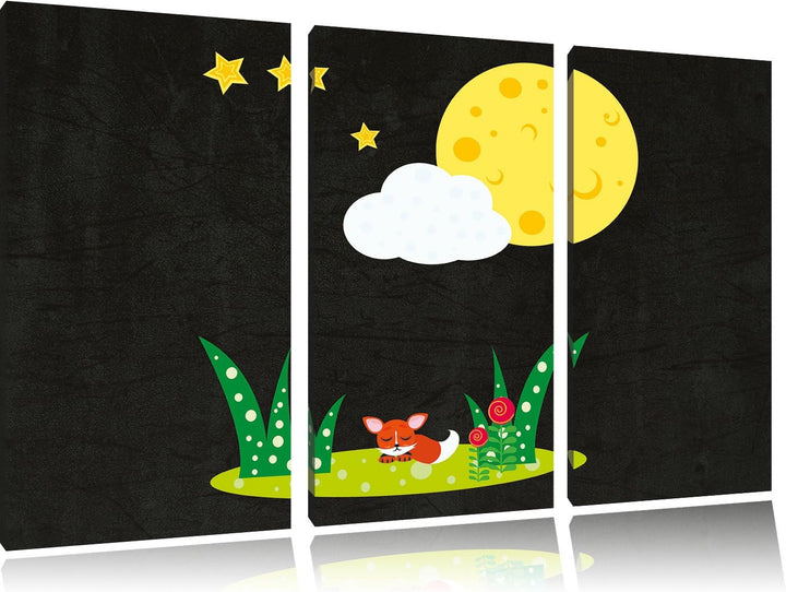 Pixxprint Fuchs auf Wiese nachts als Leinwandbild/Grösse: 3 Teilig (120x80) cm/Wandbild/Kunstdruck/f