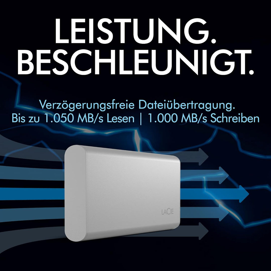 LaCie Portable SSD, externe SSD 500GB, 2.5 Zoll, Iphone 15 Pro kompatibel, inkl. 3 Jahre Rescue Serv