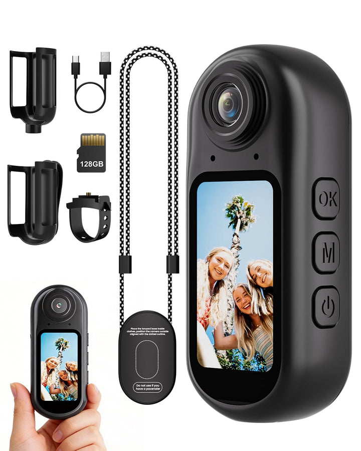Mini Action Kamera 4K WiFi -128GB tragbare Körperkamera, magnetisches Umhängeband, Daumengrösse, fre