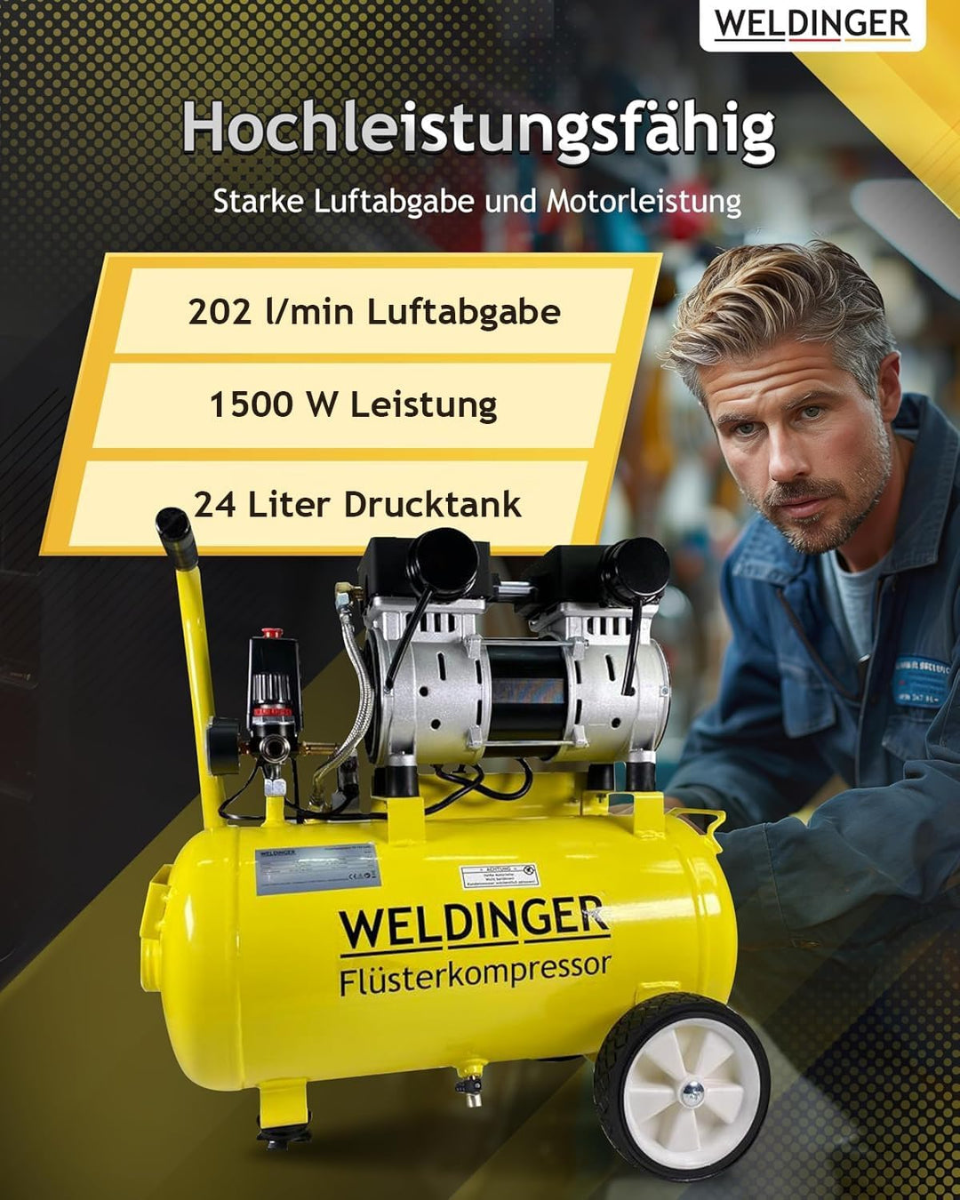 WELDINGER Flüsterkompressor FK 120 turbo pro 1500 W Luftabgabe 150 l/min ölfrei innenbeschichteter T