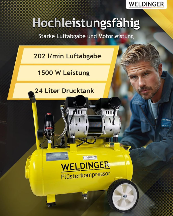 WELDINGER Flüsterkompressor FK 120 turbo pro 1500 W Luftabgabe 150 l/min ölfrei innenbeschichteter T