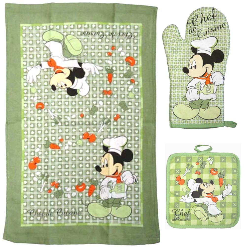 Disney Oven Mitt Pot Holder & Dish Towel 3 pc Kitchen Set (Mickey Mouse Green) Grün, Grün