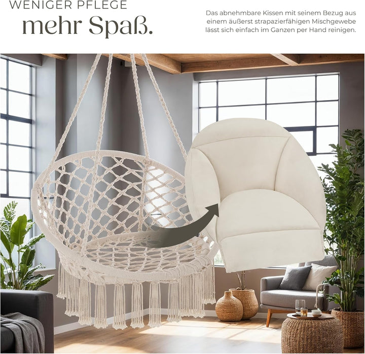 tectake® Hängesessel, Hängeschaukel mit dicken Kissen & Quasten, Boho Hängekorb Ø 80 cm, Hängesessel
