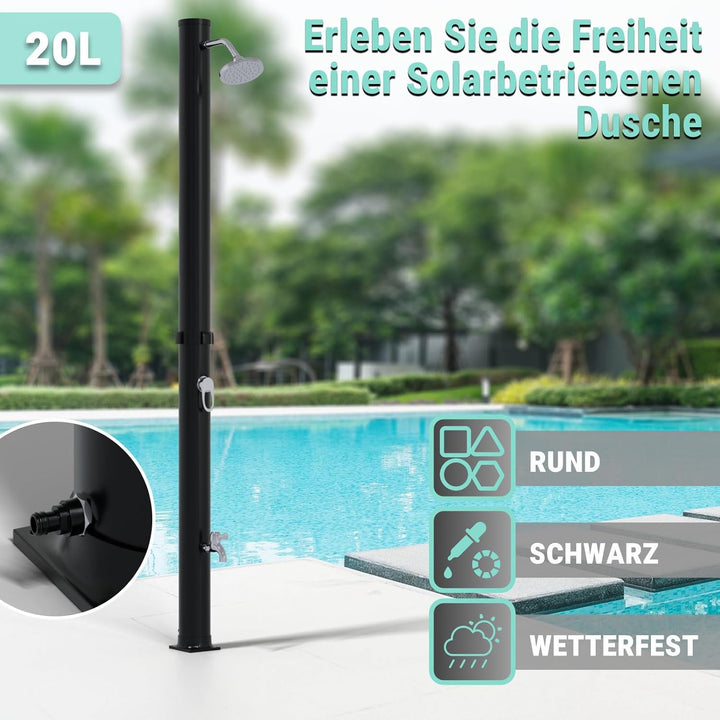 HAGO Solardusche | 20L | rund | Schwarz | Pooldusche | Campingdusche | Gartendusche | Outdoor Fussdu