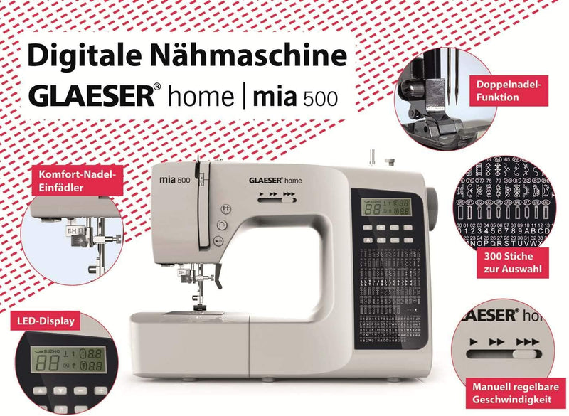 GLAESER Digitale Nähmaschine Home mia 500 300 Stich-Varianten Doppelnadel LED Display Einklappbarer