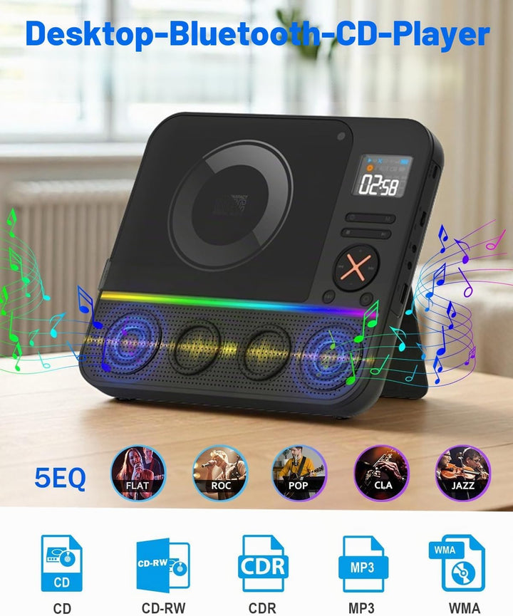 Tragbarer CD Player Bluetooth, Boombox Desktop CD-Player mit Bluetooth FM-Radio und RGB LED-Anzeige