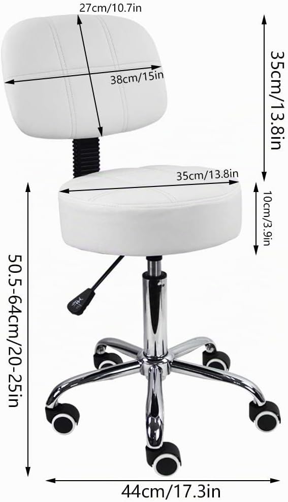 KKTONER Rollhocker Arbeitshocker mit Rückenlehne Höhenverstellbarer 50-64cm PU Leder Weiss, Weiss