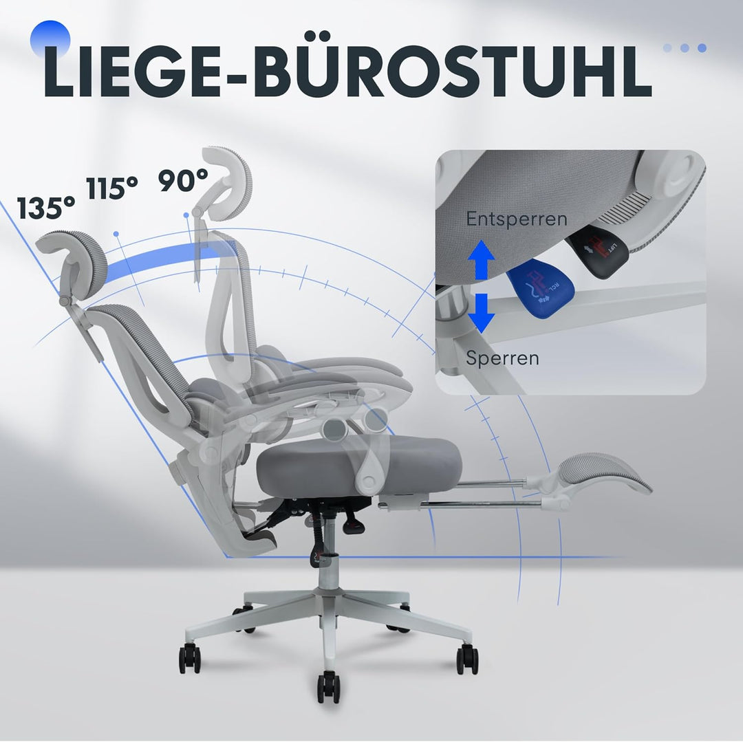 FLEXISPOT Ergonomischer Bürostuhl mit Fussstütze, X-förmiger Schreibtischstuhl mit 135°-Neigung, Gek