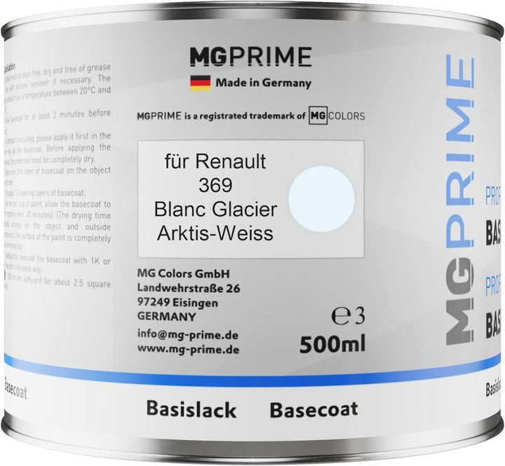MG PRIME Autolack Dose spritzfertig für Renault 369 Blanc Glacier/Arktis-Weiss Basislack 0,5 Liter 5