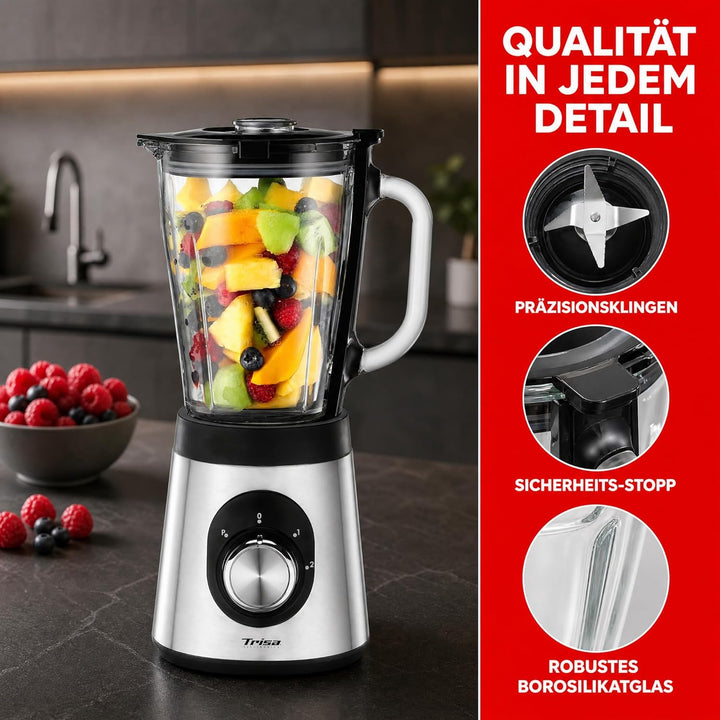 Trisa Standmixer Royal Crush 800W | Hochleistungs-Smoothie-Maker mit 1,5L Glasbehälter | Ice Crusher