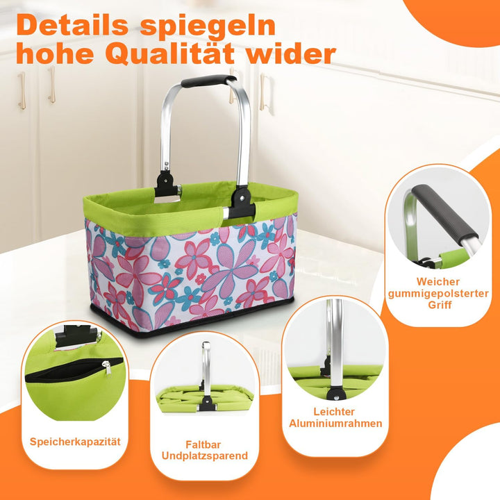 Einkaufskorb Faltbar 30L,Picknickkorb Klein Mit Gepolsterte Griffe Und ReissVerschlusstasche,Einkauf