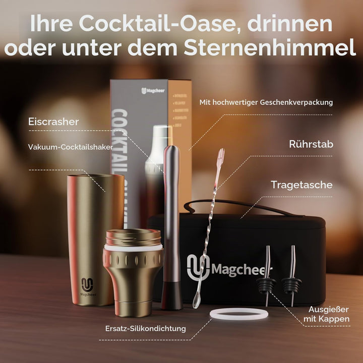 Cocktail Shaker Set mit Integrierter Massskala 900ml Premium Edelstahl Frostsicherer Doppelwand-Bark