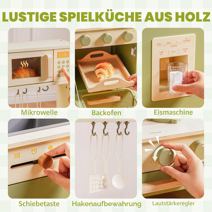 ROBUD Kinderküche aus Holz – Spielküche mit Kühlschrank, Eiswürfelspender, Backofen & Zubehör, Rolle