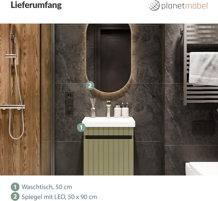 Planetmöbel Cosmia Badmöbel Set Waschbecken mit Unterschrank 50 x 60 x 35 cm Mint Grün, Badezimmer S