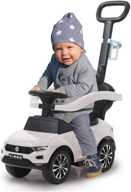 JAMARA 460463 - Rutscher VW T-ROC 3in1 - Kinderfahrzeug, Kippschutz, Kofferraum, Schub-und Haltestan