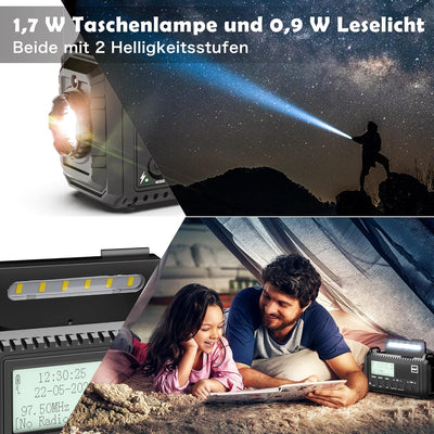 Kurbelradio DAB/UKW, Tragbare Solar Radio mit LED Taschenlampe & Leselicht, DAB+/FM Dynamo Radio IPX