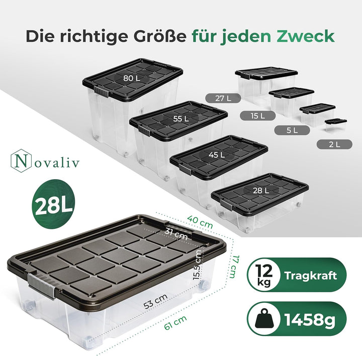 Novaliv 2x Unterbettkommode mit Rollen 28L Aufbewahrungsbox Deckel Anthrazit Nestbar stapelbare mit