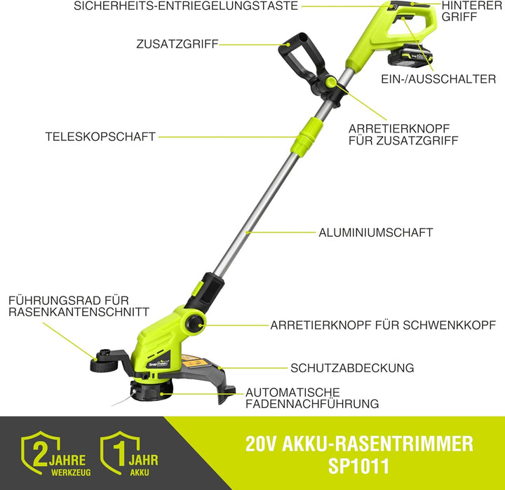 SnapFresh Akku-Rasentrimmer 20V Freischneider (mit Akku und Ladegerät, Schneller Fadenwechsel, 30.5c