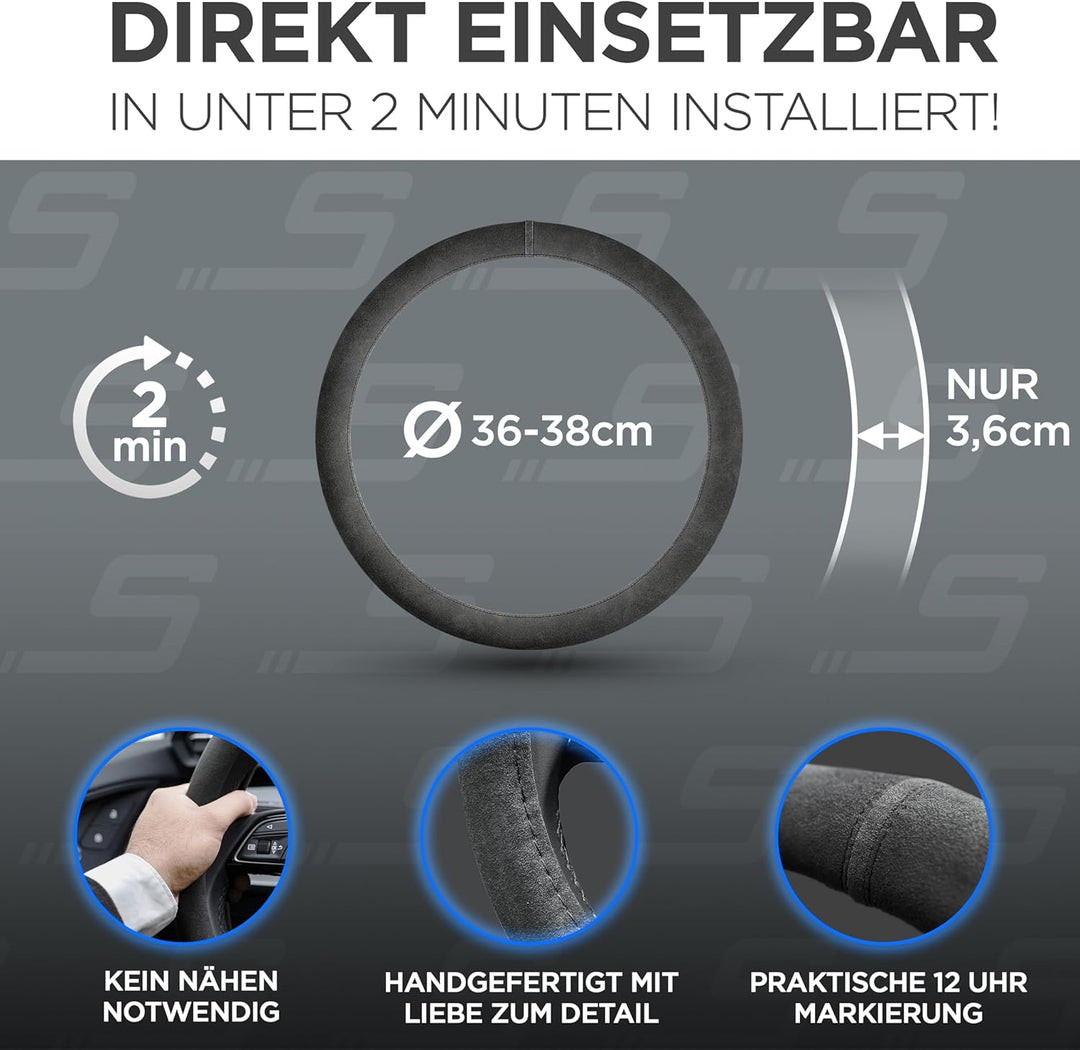 S-TETIC® Premium Lenkradbezug Alcantara® | Echtes Alcantara | Schwarze 12-Uhr Markierung | Universal