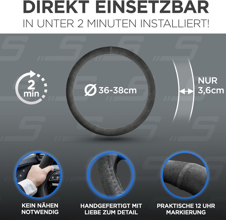 S-TETIC® Premium Lenkradbezug Alcantara® | Echtes Alcantara | Schwarze 12-Uhr Markierung | Universal