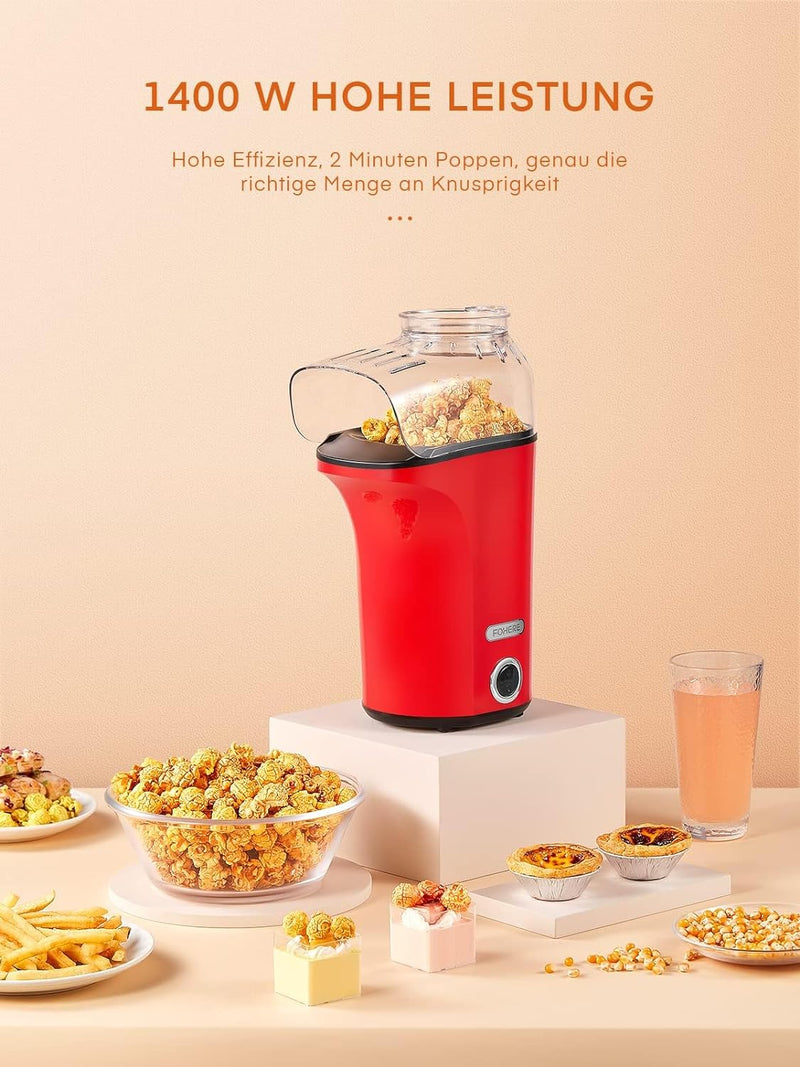 Popcornmaschine 1400W, 120g/4L Grosse Kapazität, Heissluft Popcorn Maker für Zuhause, Gesund& Ölfrei