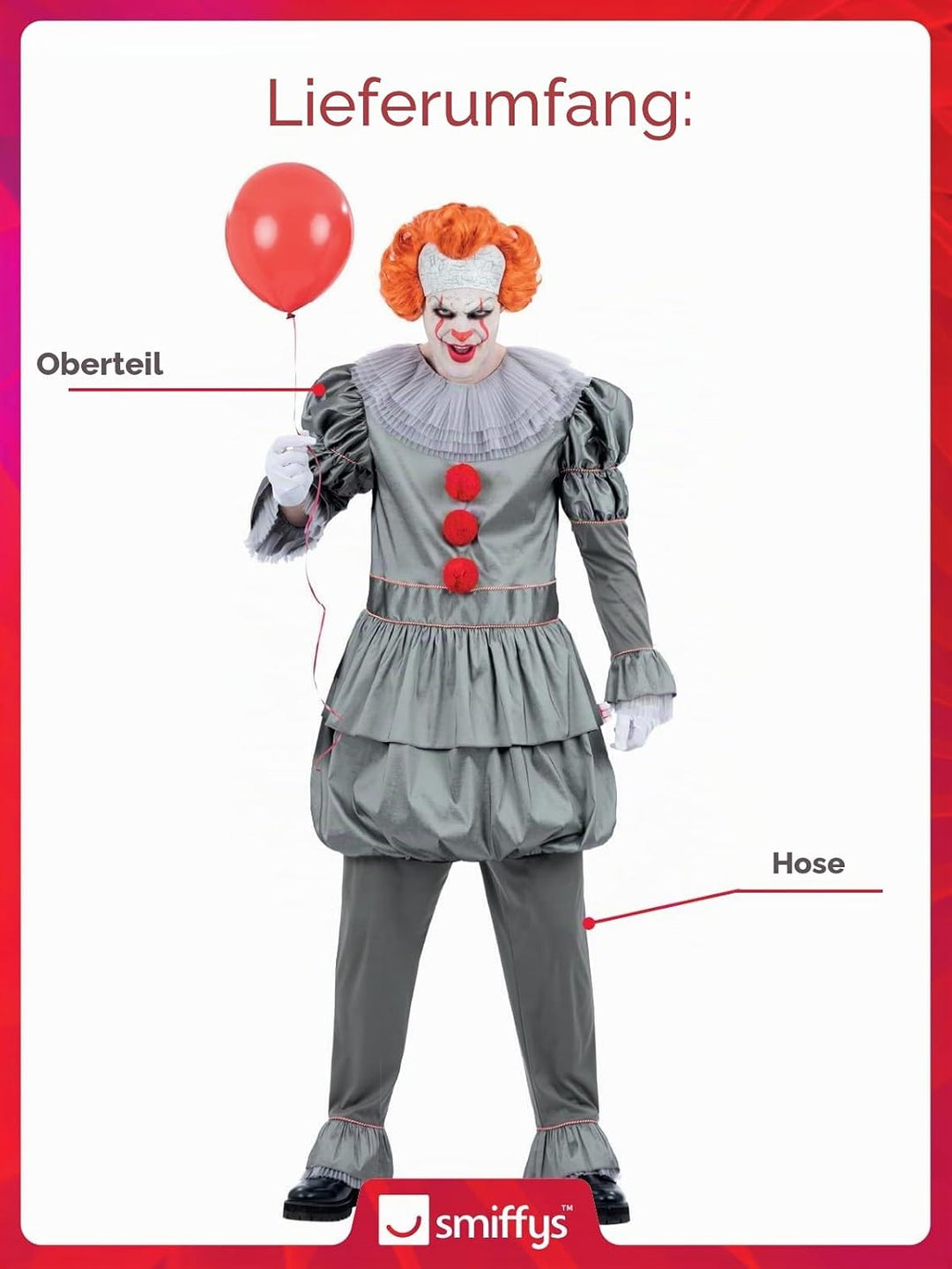 Smiffys IT Chapter Two Pennywise Kostüm für Erwachsene, Oberteil mit Nackenrüschen und Hose, grau, o