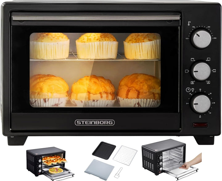 Steinborg® 25 Liter Mini Backofen mit Umluft Pizza Ofen inkl. Backblech und Grillrost Miniofen 60 Mi