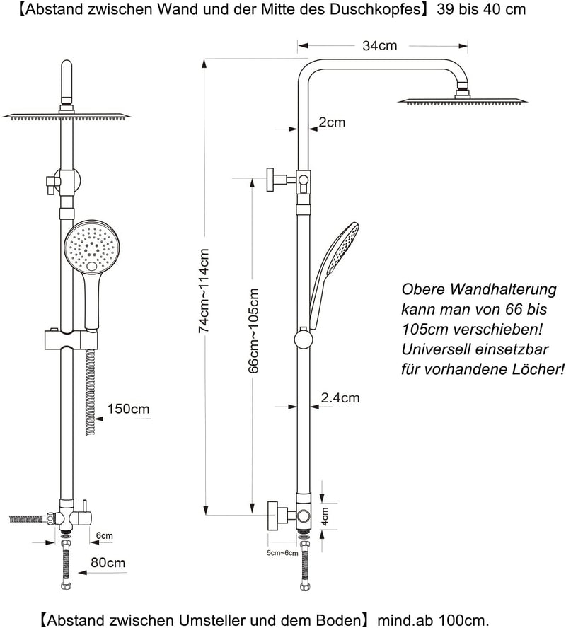 JOHO Edelstahl Duschset ohne Armatur, Regendusche Duschsystem mit Duschkopf, Duschstange, Duschschla