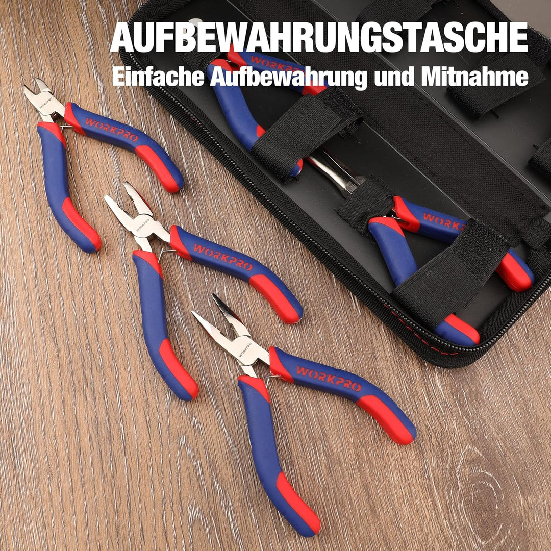 WORKPRO Mini-Zangen-Set, Schmuckzangen, 5-teilig, inkl. Linesman-Zange, Spitzzange, Seitenschneider,