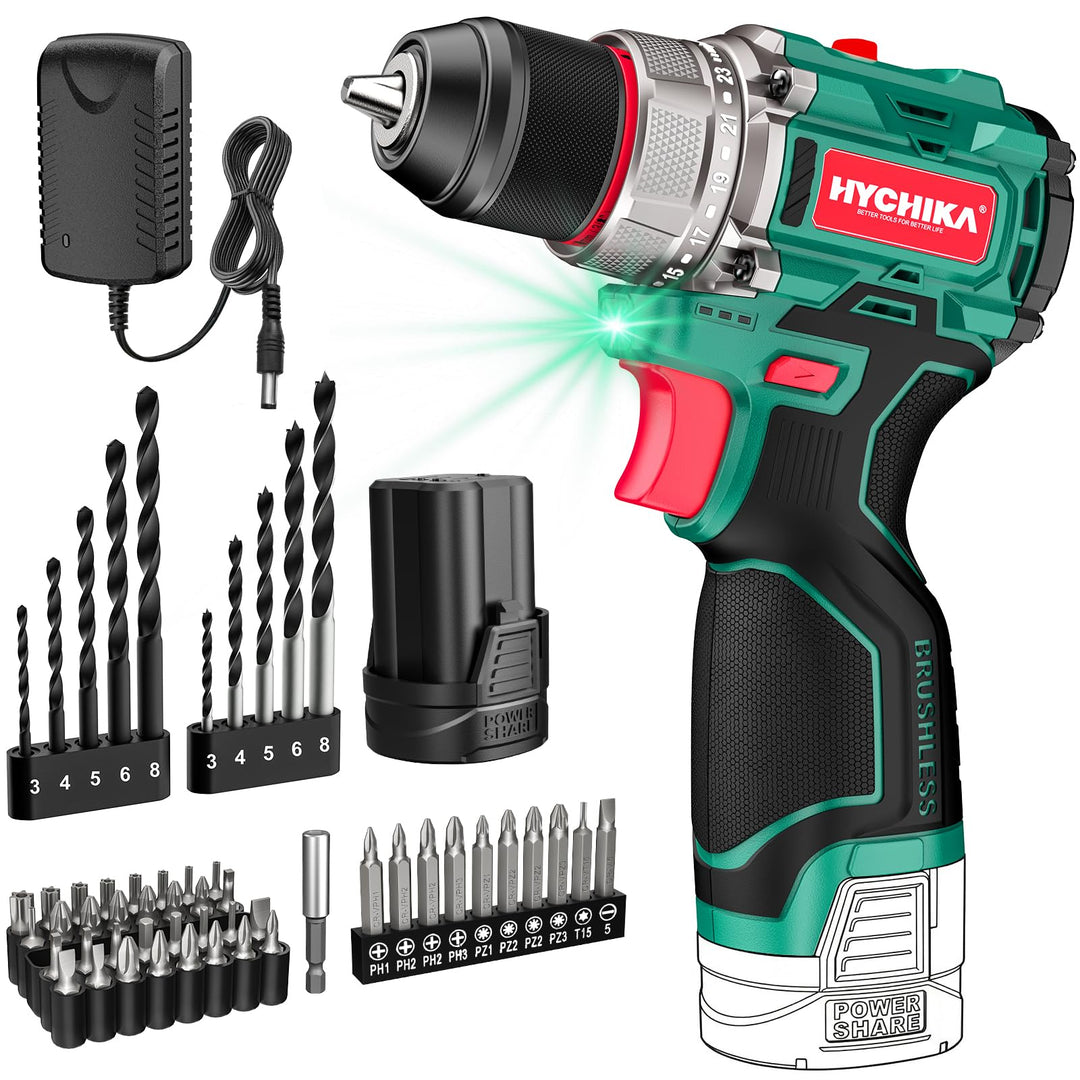 HYCHIKA 16.8V Akkuschrauber & Bohrmaschine Set, Bürstenloser Motor, 45Nm Max, 23+1 Drehmoment, 53-te