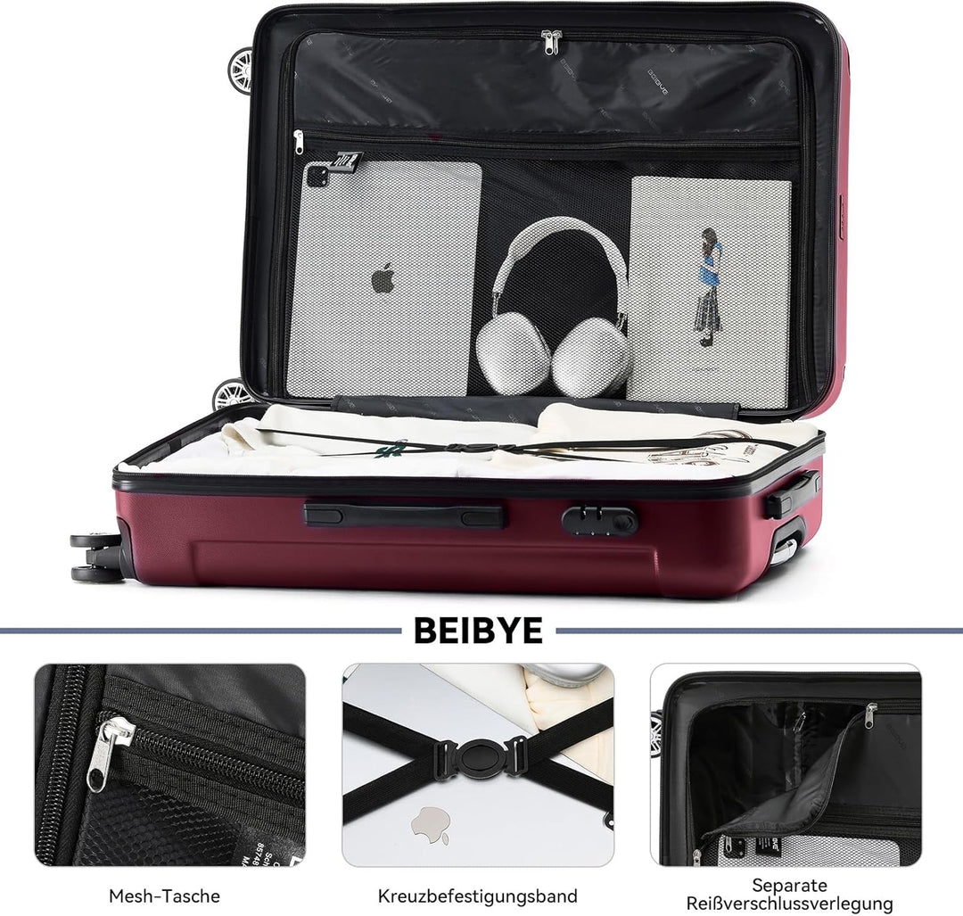 BEIBYE- Hartschalenkoffer Koffer Trolley Rollkoffer Reisekoffer Zahlenschloss 4 Zwilings-Rollen (Bur