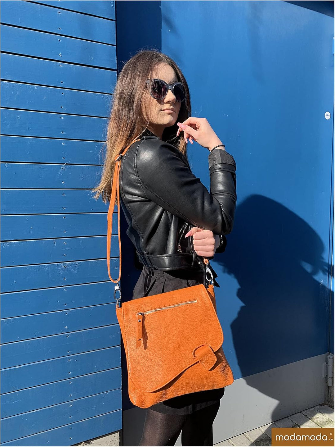 modamoda de - T146 - ital. Umhängetasche Schultertasche aus Leder Dunkeltaupe2021, Dunkeltaupe2021