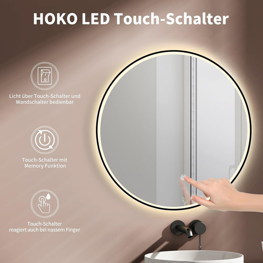 HOKO Design Badspiegel rund 80 cm Amsterdam mit Energiesparend LED Beleuchtung und Metall Rahmen Sch