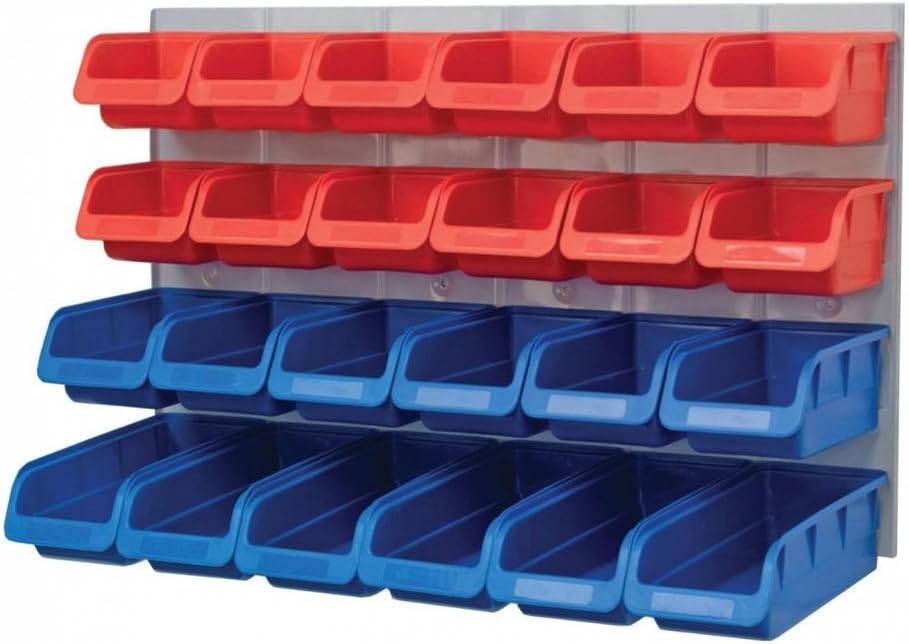 Faithfull FAIPAN24 24 Plastic Storage Bins with Metal Wall Panel, Fixings Included,Blue / Red,12.0 c