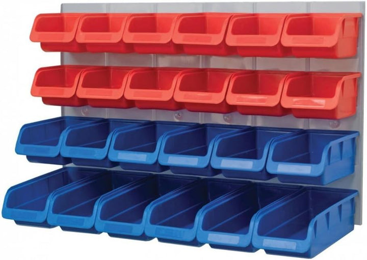 Faithfull FAIPAN24 24 Plastic Storage Bins with Metal Wall Panel, Fixings Included,Blue / Red,12.0 c