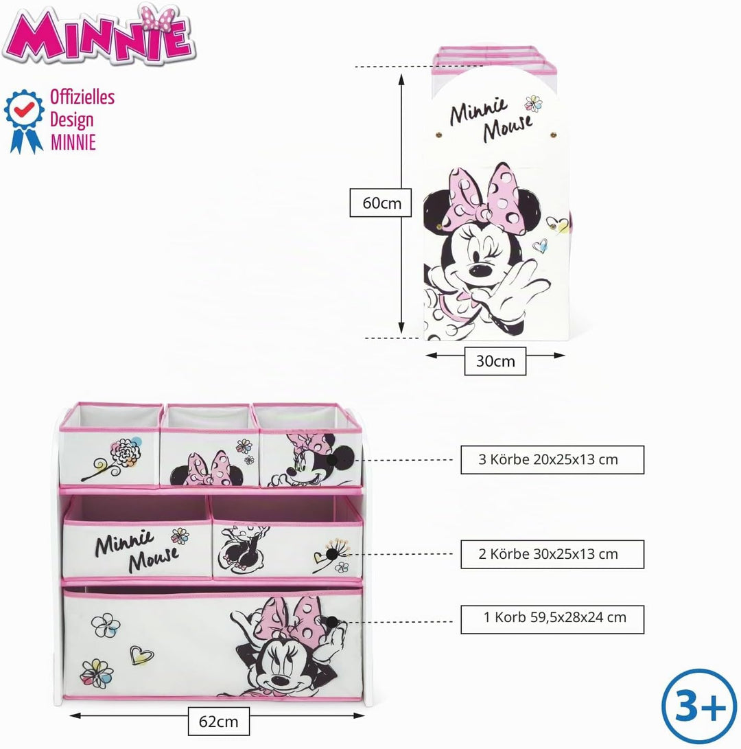ARDITEX – Organizer aus Holz mit 6 Textilboxen mit Minnie-Mouse-Motiv von Disney – 62x30x60cm – Farb