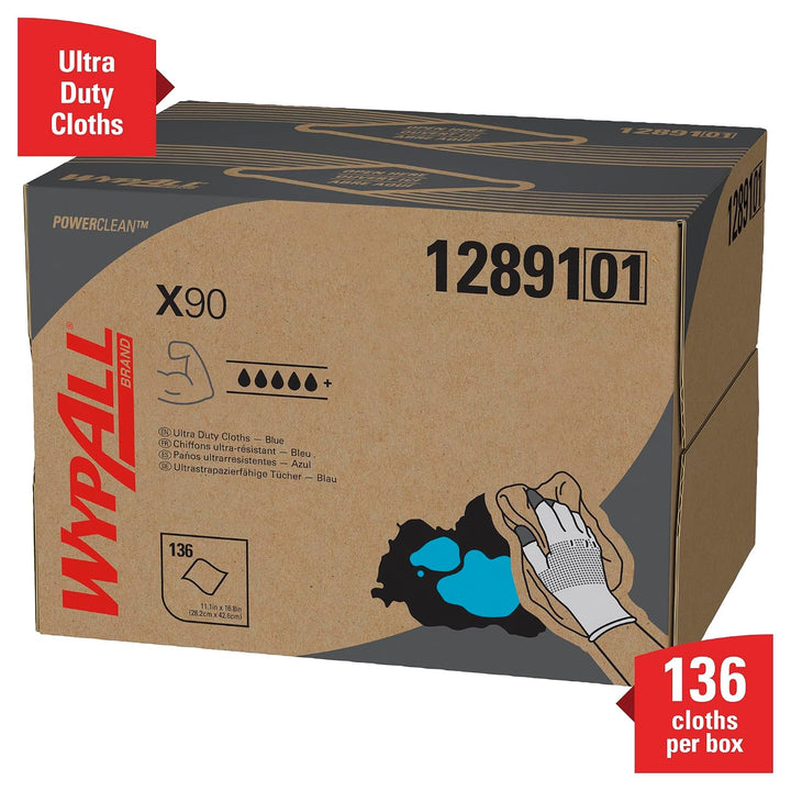 WypAll X90 Power Clean Tücher 12891 – 1 BRAG Box mit 136 blauen, 2-lagigen Tüchern