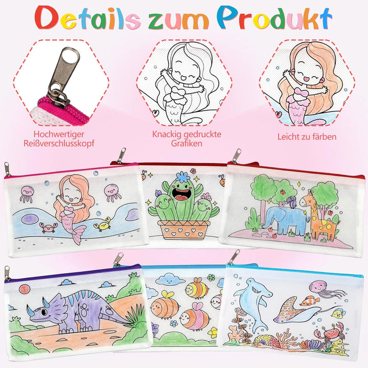 Liangding Kinder Stofftaschen zum Bemalen Set – 12 Taschen mit Reissverschluss & 12 stapelbare Wachs