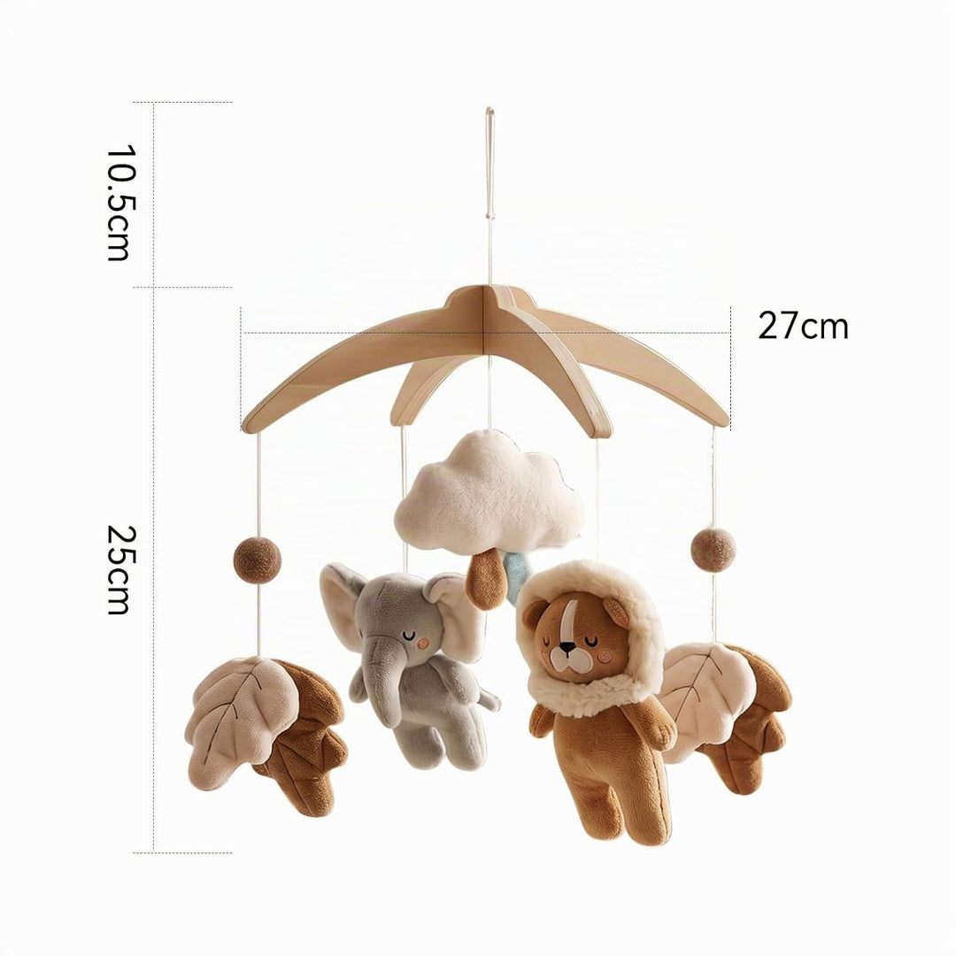 Safari Dschungel Plüsch Baby Mobile,Elefant Löwe und Blätter Holz Handgemachte Windspiel für Babybet