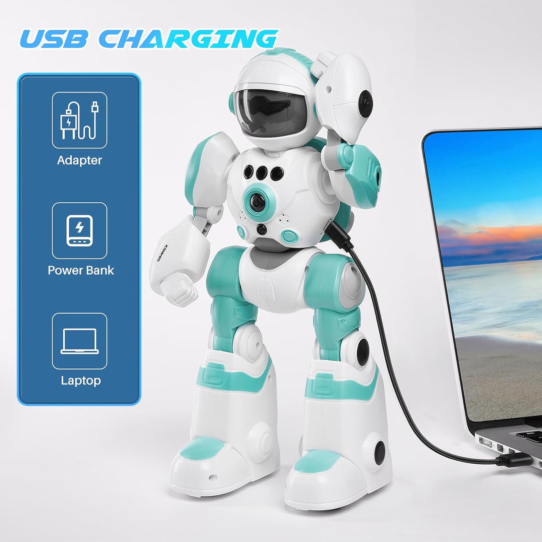SIMREX Roboter Kinder Spielzeug, wiederaufladbar und projizierbar, RC-Roboter mit LED-Augen und Musi