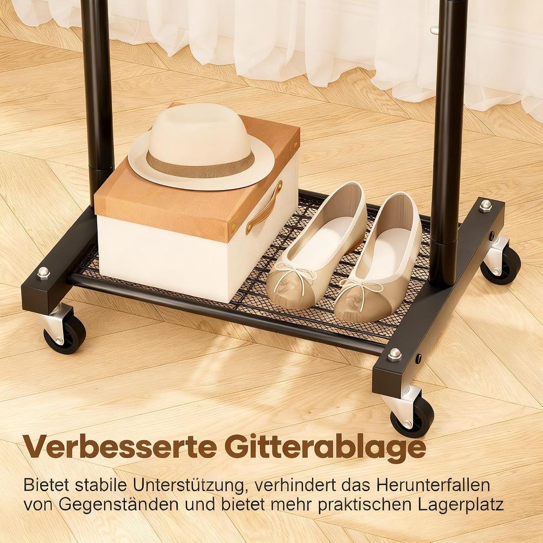 MISSLO Kleine Kleiderstange auf Rollen, Schmal Kleiderständer mit Ablagen, 152 cm Metall Garderobens